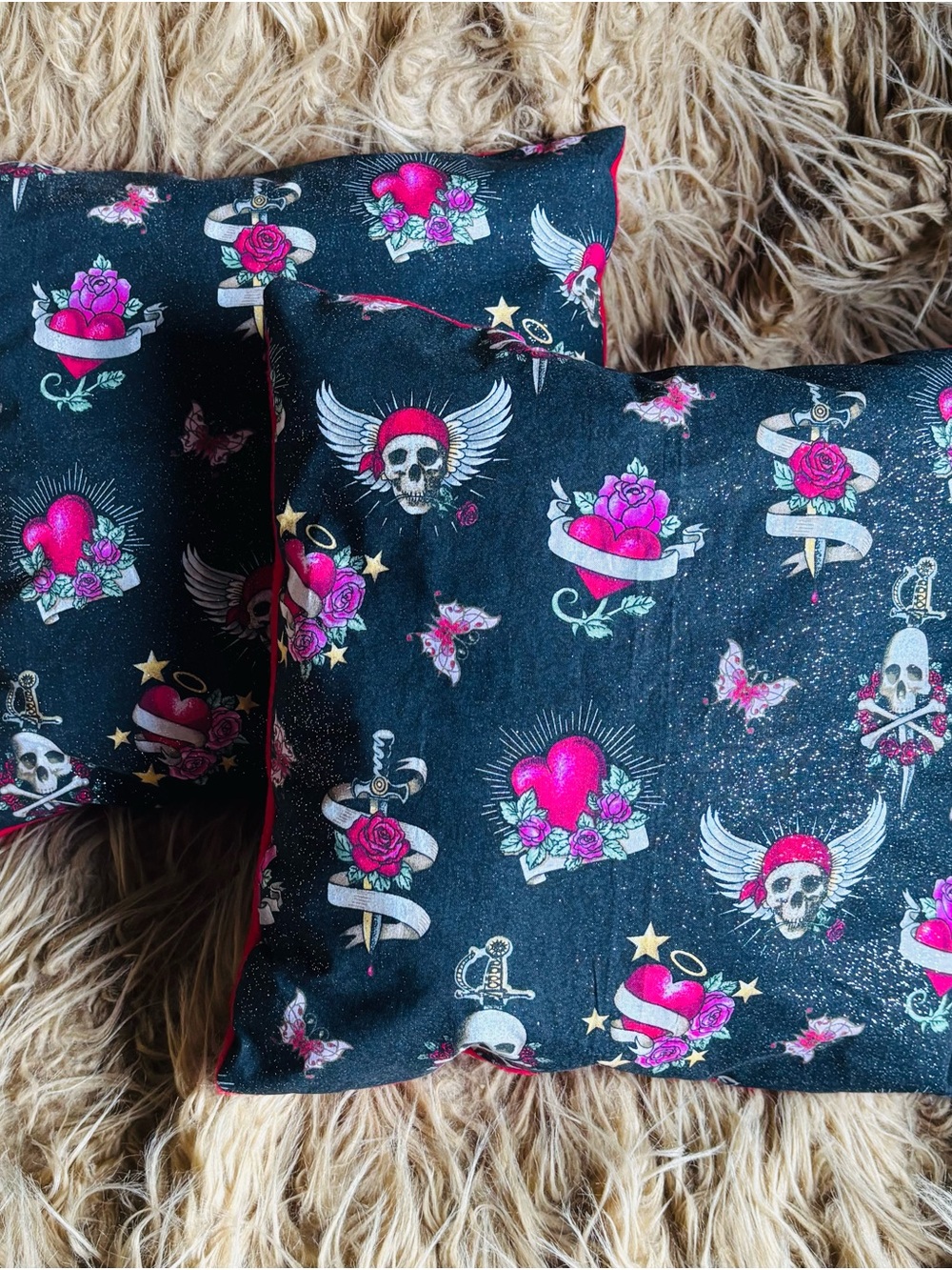 Skulls Gothic Cotton Glitter Pillow Set 13”x13” Handmade New